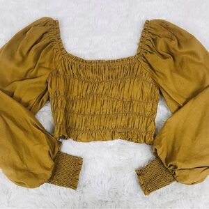 A LOVES A Cropped Peasant Top Mustard Brown Smocked Long‎ Sleeve Linen Size XS